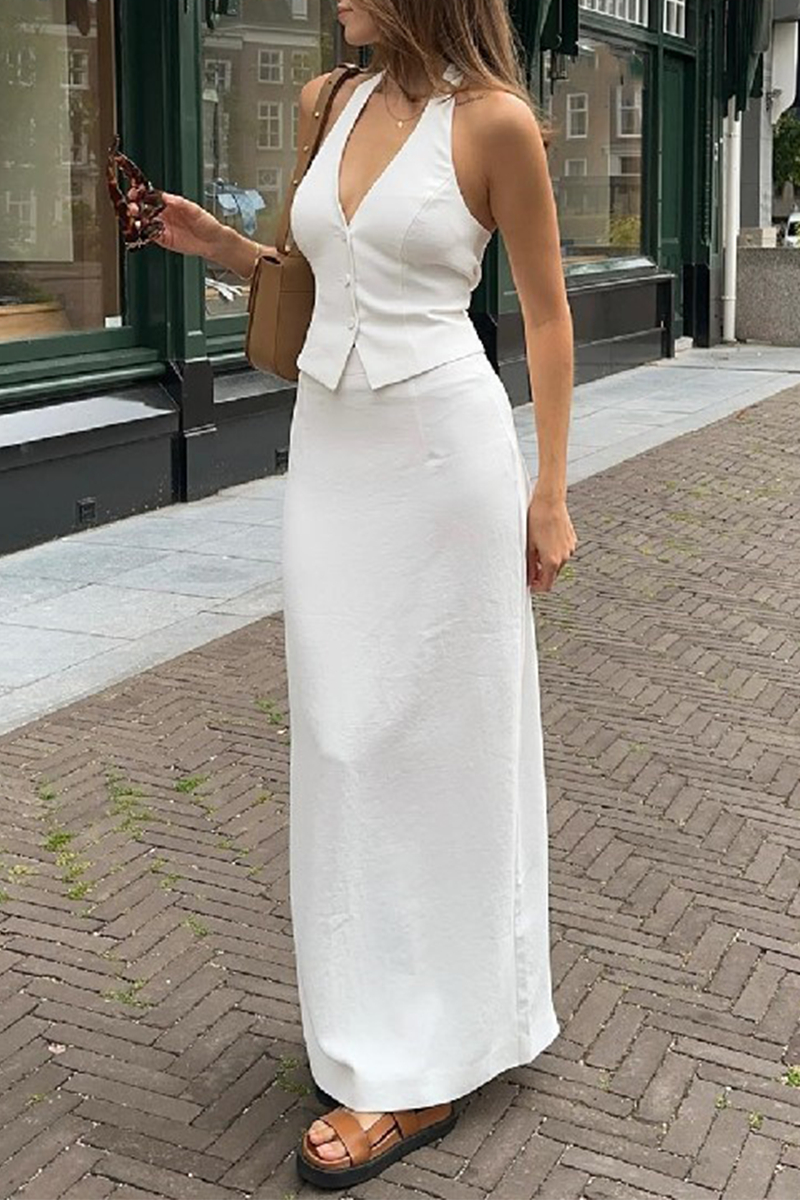 Levoire | Sexy Célébrités Monochrome Dos Nu Sans Bretelles Sans Manches Deux Pièces Blanc