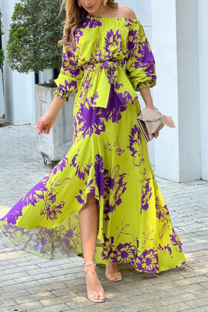 Levoire | Élégantes Florales Avec Nœud Col En Biais Robe Irrégulière Robes Jaune