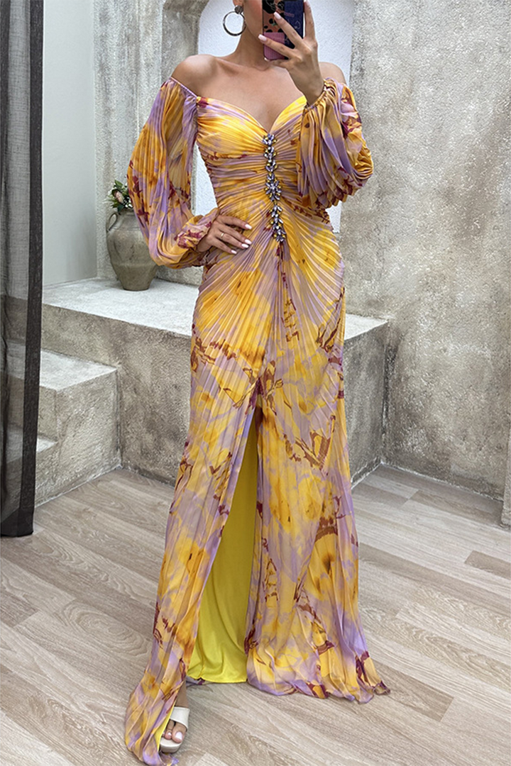 Levoire | Robe De Soirée À Encolure En V À Plis Avec Changement De Couleur Progressif Élégant Jaune