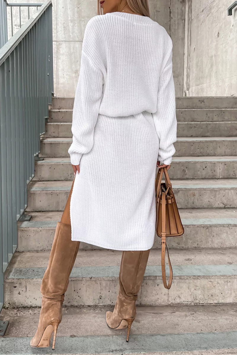 Levoire | Élégance Simple Solide Fente O-Cou Robes À Manches Longues