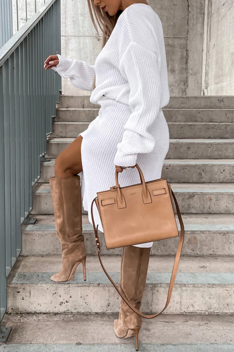 Levoire | Élégance Simple Solide Fente O-Cou Robes À Manches Longues