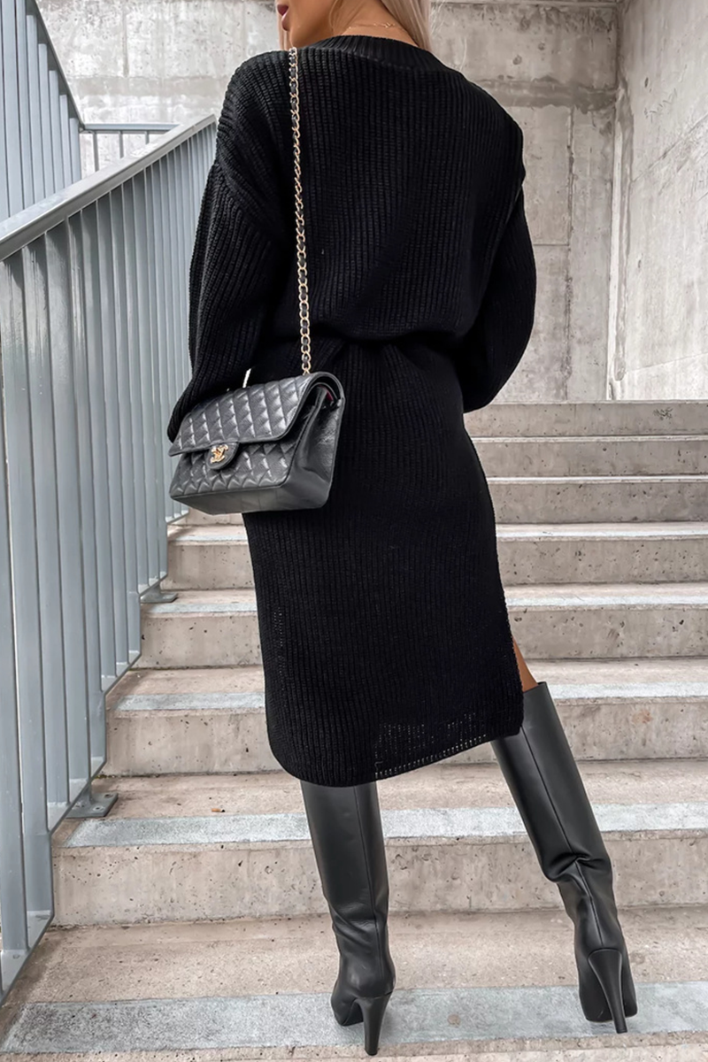 Levoire | Élégance Simple Solide Fente O-Cou Robes À Manches Longues