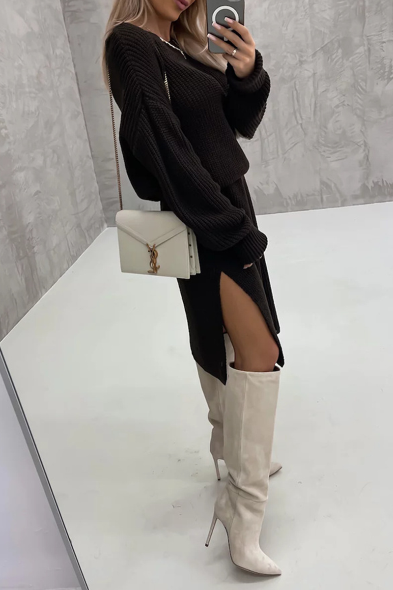 Levoire | Élégance Simple Solide Fente O-Cou Robes À Manches Longues