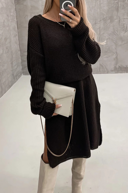 Levoire | Élégance Simple Solide Fente O-Cou Robes À Manches Longues