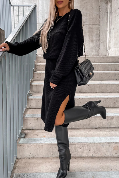 Levoire | Élégance Simple Solide Fente O-Cou Robes À Manches Longues Noir