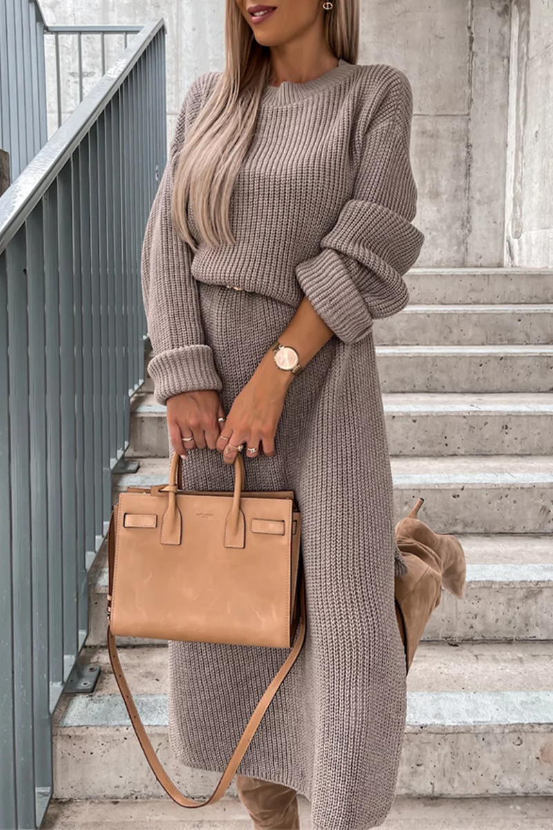 Levoire | Élégance Simple Solide Fente O-Cou Robes À Manches Longues Khaki