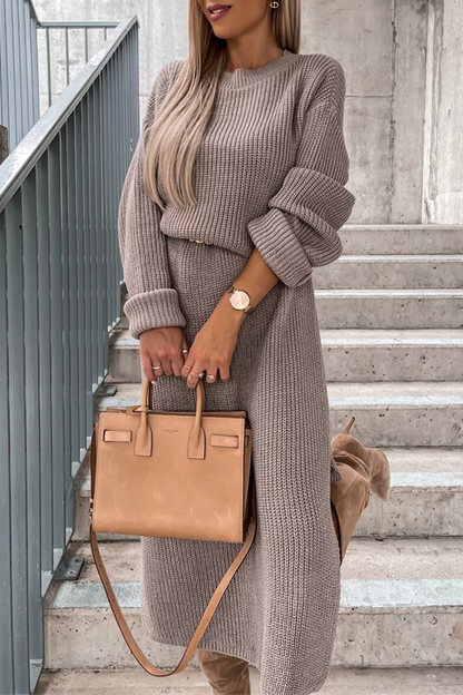 Levoire | Élégance Simple Solide Fente O-Cou Robes À Manches Longues Khaki