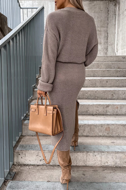 Levoire | Élégance Simple Solide Fente O-Cou Robes À Manches Longues