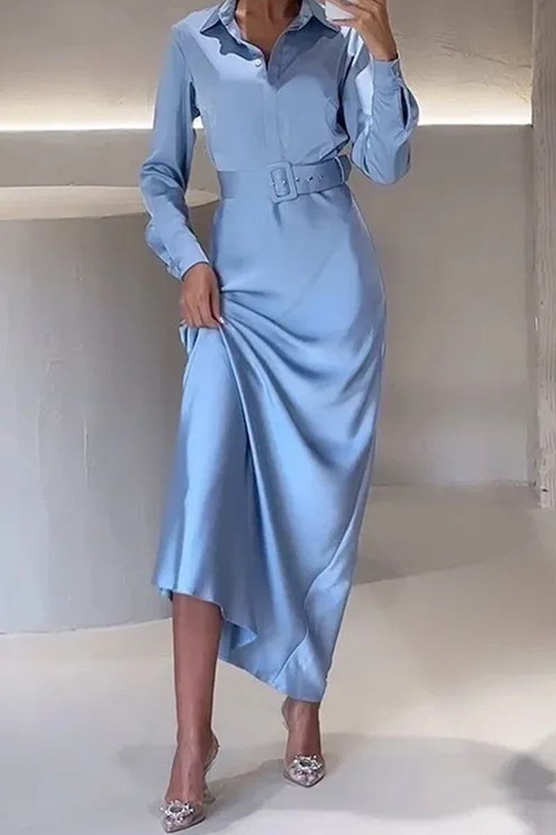 Levoire | Élégante Robe Chemise Unie Avec Ceinture Et Col Rabattu Vêtements Bleu