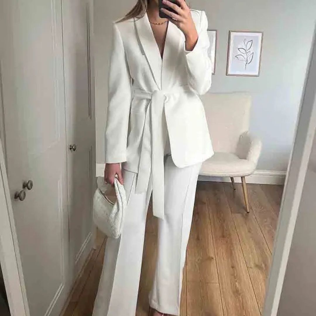 Levoire | Blazer Élegant Avec Ceinture Et Pantalon Assorti Blanc