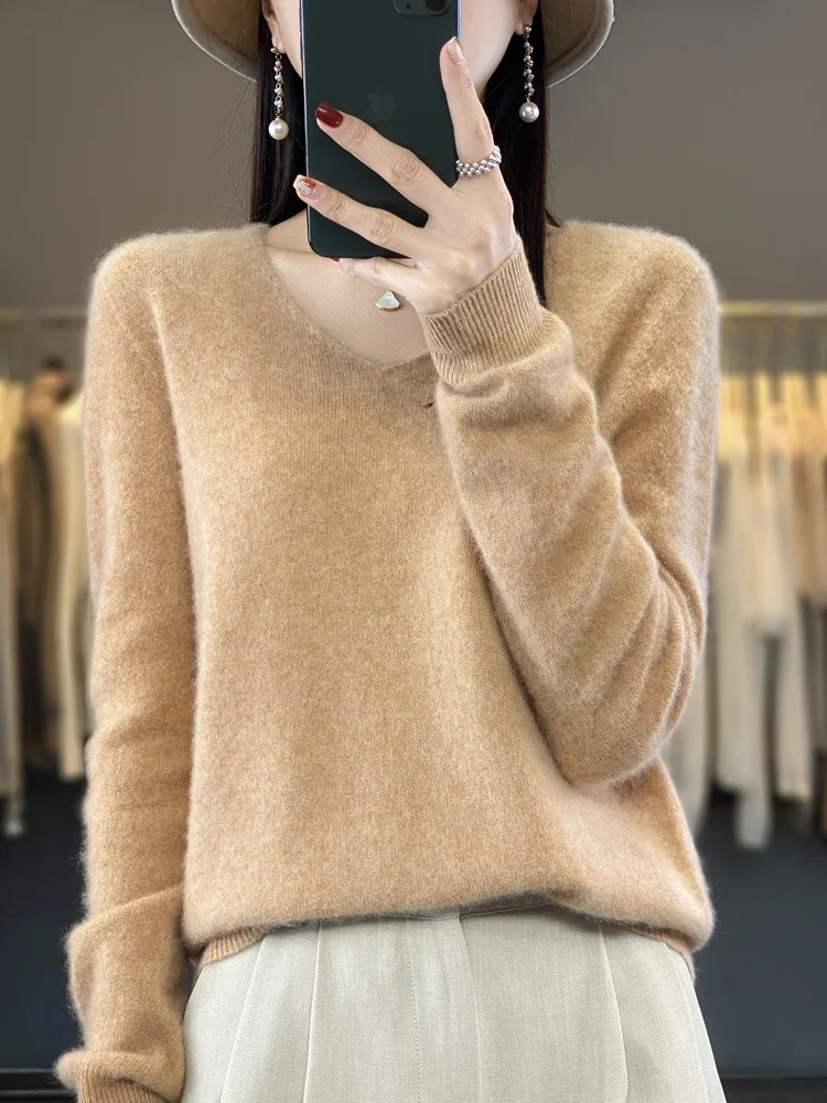 Levoire | Kashmir pull Femme Élégant Col en V, Doux & Confortable Braun