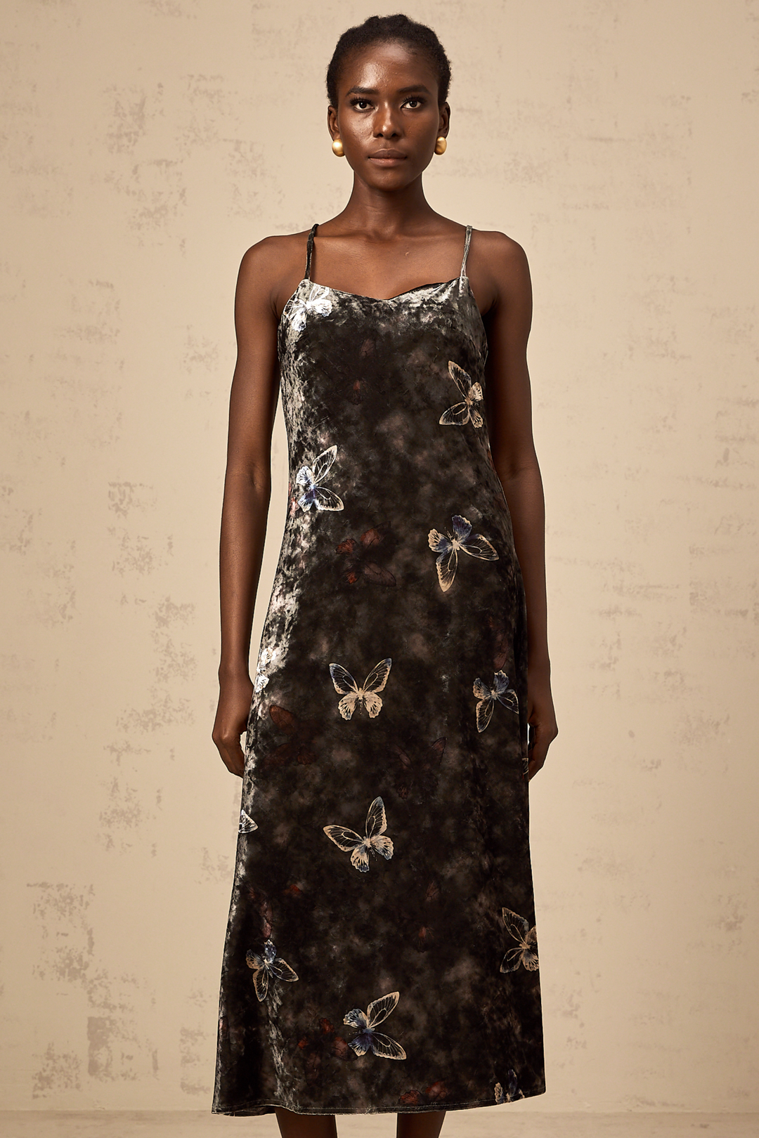 Levoire | Robe Midi En Velours Noir Avec Imprimé Papillon