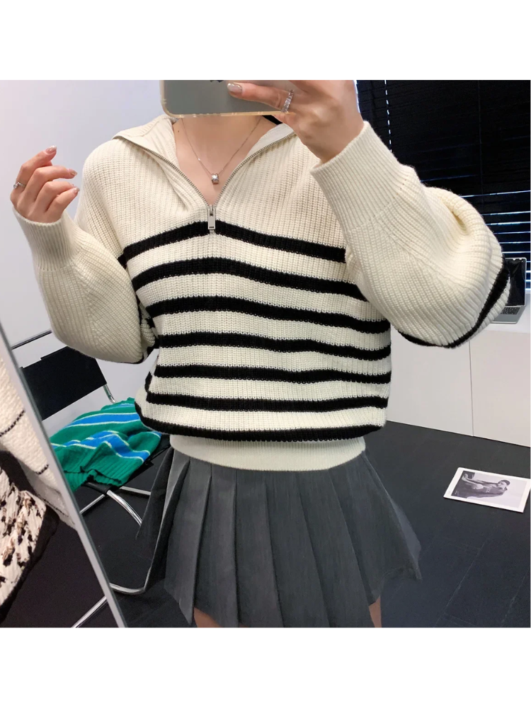 Levoire | Pull à fermeture éclair pour femmes Pull rayé, Modèle confortable Blanc-Noir