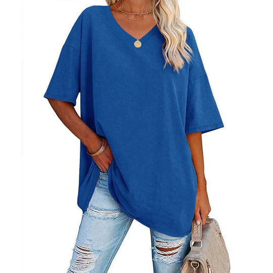 Levoire | T-Shirt Décontracté À Col En V Surdimensionné Pour Femmes Bleu