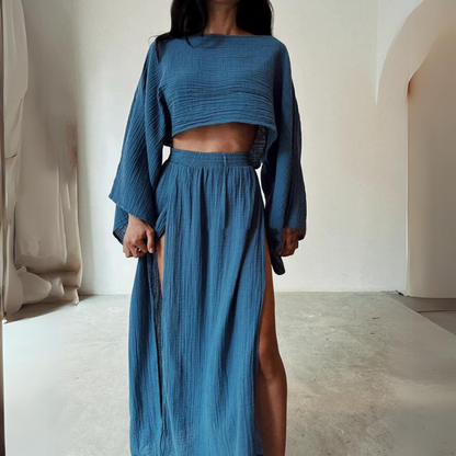 Levoire | Haut Court Col Rond Taille Haute Jupe Ensemble Ensemble Deux Pièces Bleu