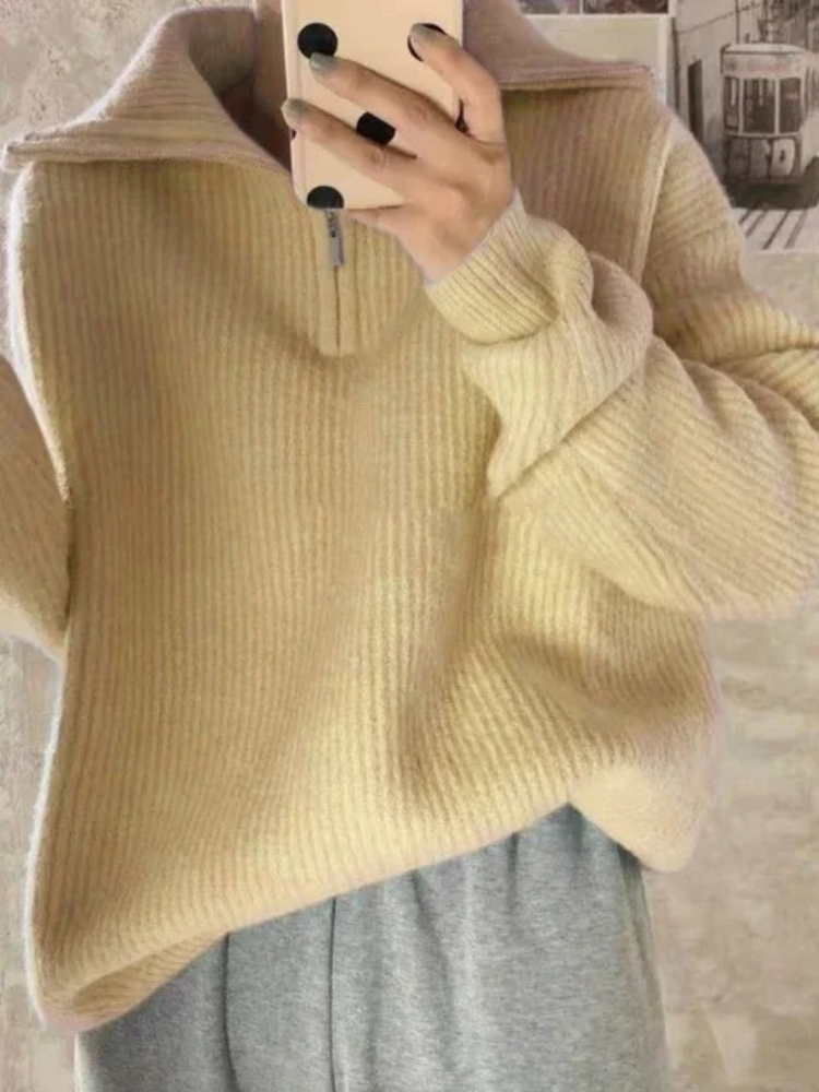 Levoire | Pull en maille pour femmes avec fermeture éclair et motifs pelucheux Jaune