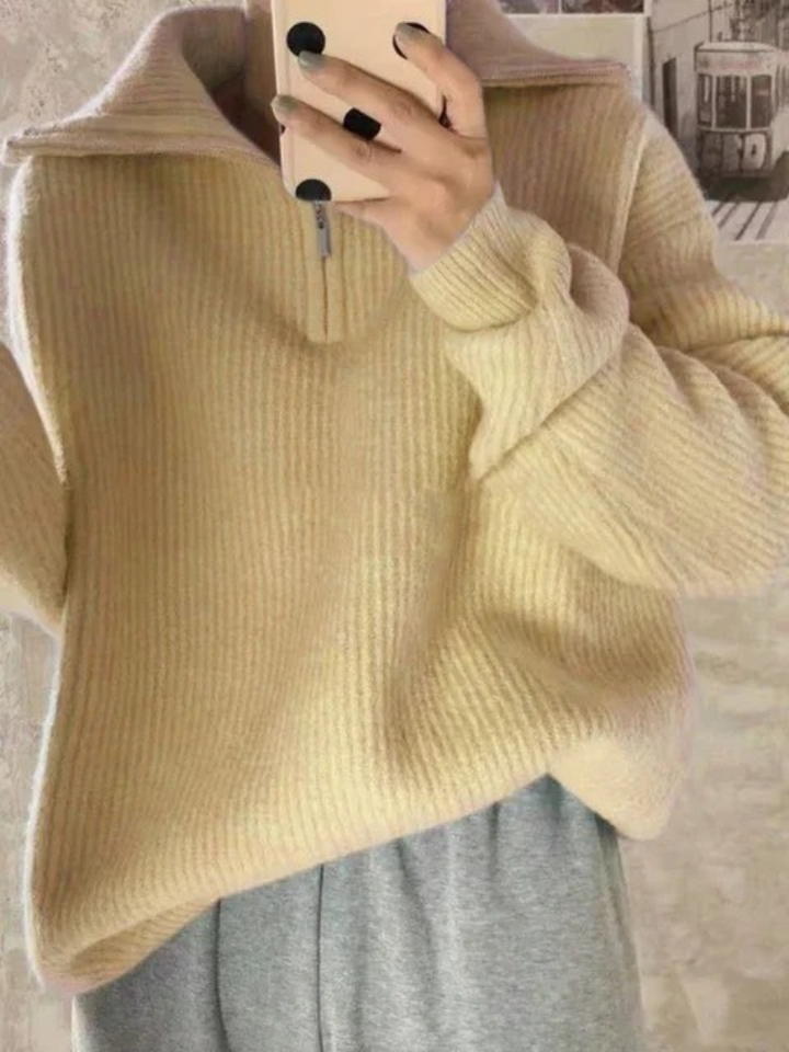 Levoire | Pull en maille pour femmes avec fermeture éclair et motifs pelucheux Jaune