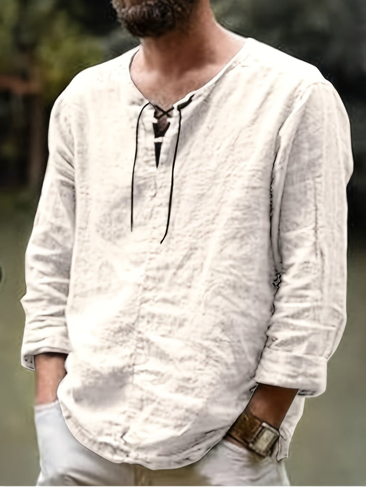 Levoire | T-Shirt Henley À Manches Longues En Mélange Coton-Lin Printemps/Automne Blanc