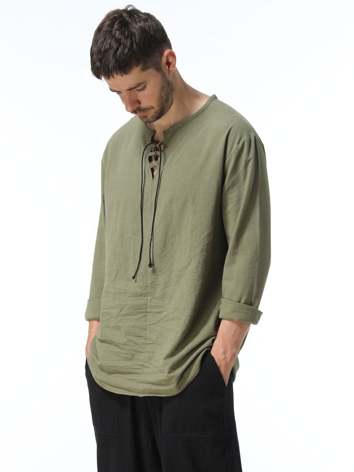 Levoire | T-Shirt Henley À Manches Longues En Mélange Coton-Lin Printemps/Automne vert olive 1