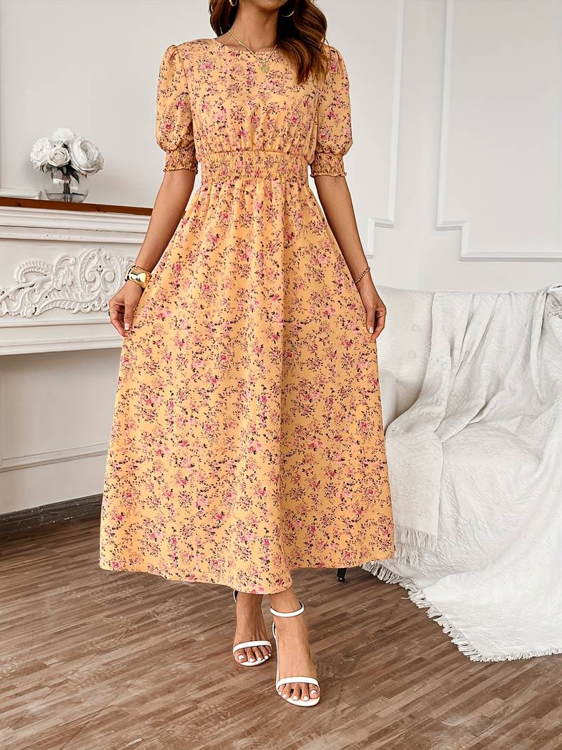 Levoire | Robe Col Rond Imprimé Floral Été Orange Jaune