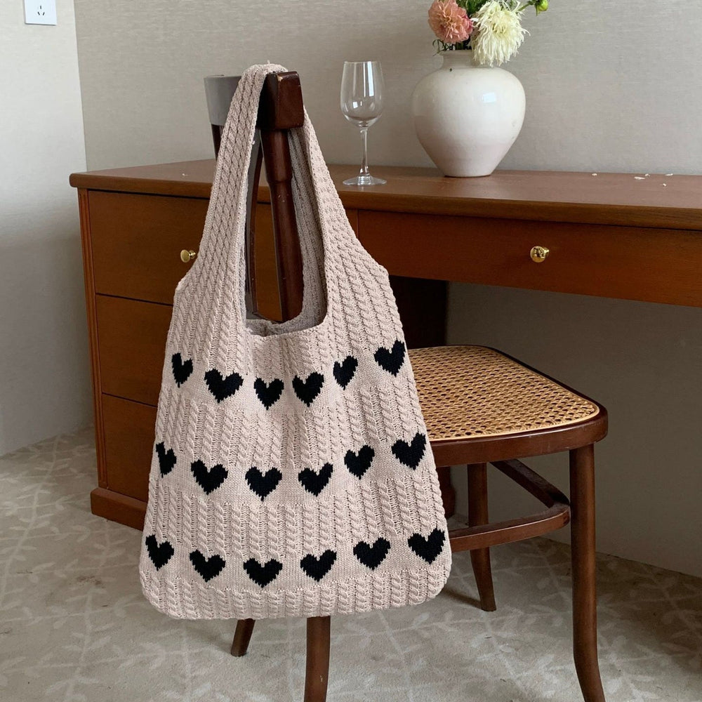 Levoire | Sac À Provisions Tricoté Fait Main Avec Motif Cœur Cachi