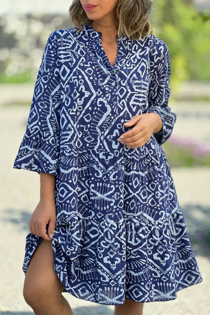 Levoire | Robe décontractée à imprimé géométrique avec boutons, col en V, jupe en forme de gâteau Bleu foncé