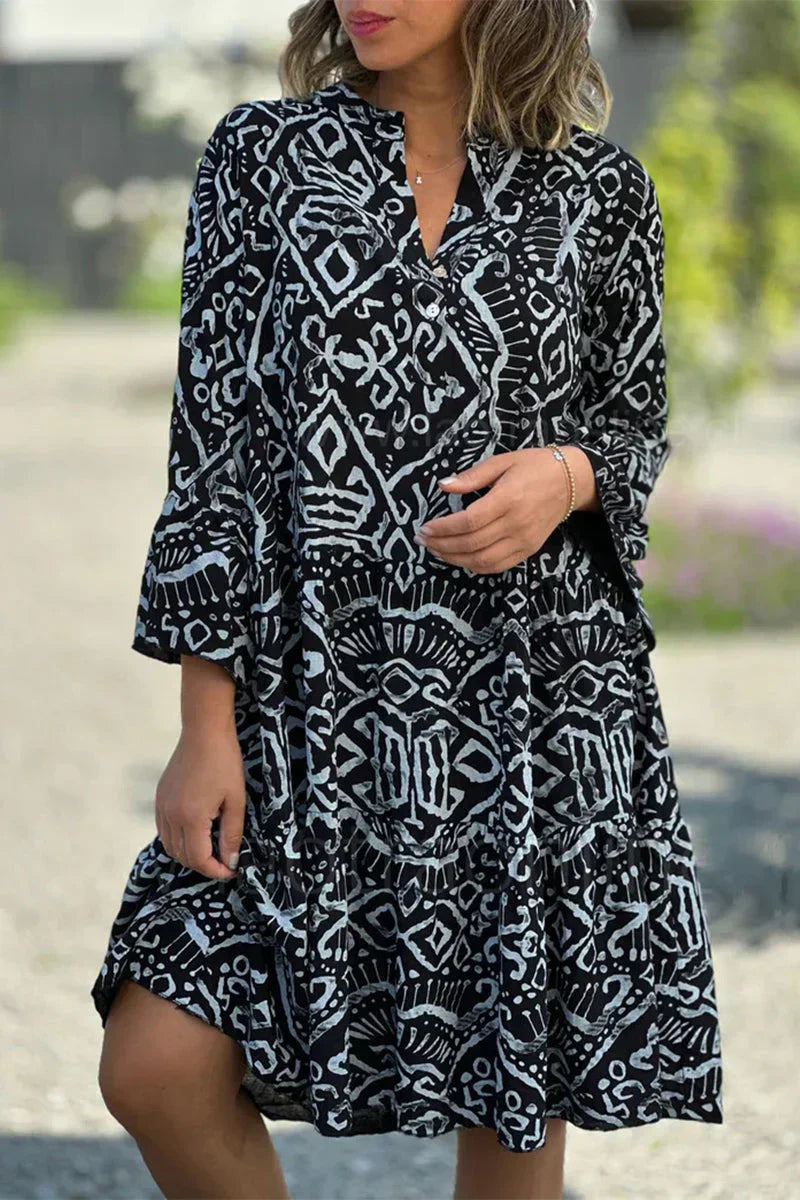 Levoire | Robe décontractée à imprimé géométrique avec boutons, col en V, jupe en forme de gâteau Noir