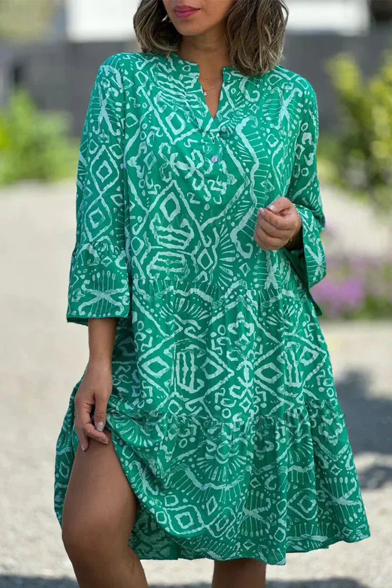 Levoire | Robe décontractée à imprimé géométrique avec boutons, col en V, jupe en forme de gâteau Vert