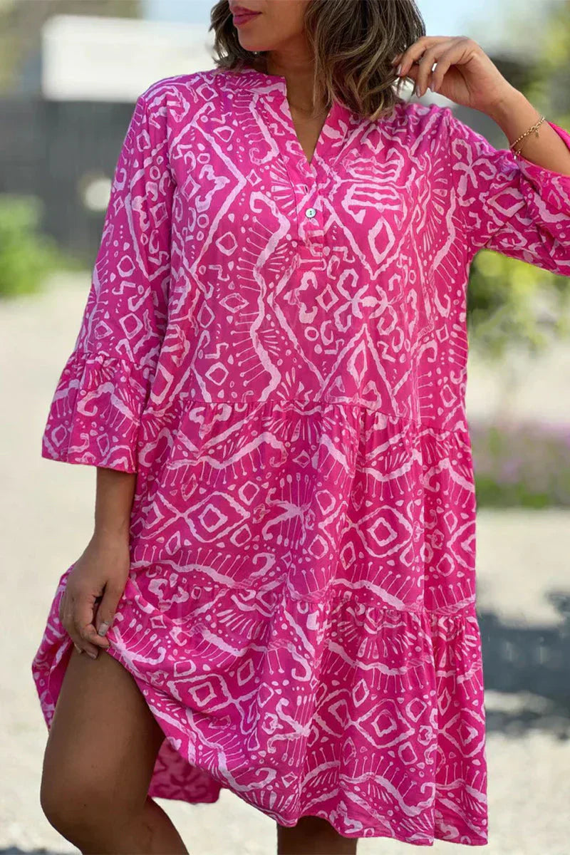 Levoire | Robe décontractée à imprimé géométrique avec boutons, col en V, jupe en forme de gâteau Rouge rosé