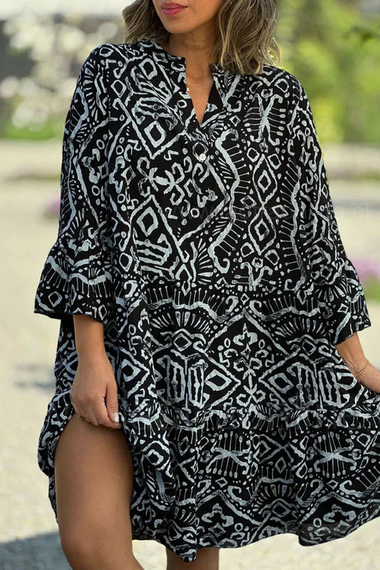 Levoire | Robe décontractée à imprimé géométrique avec boutons, col en V, jupe en forme de gâteau