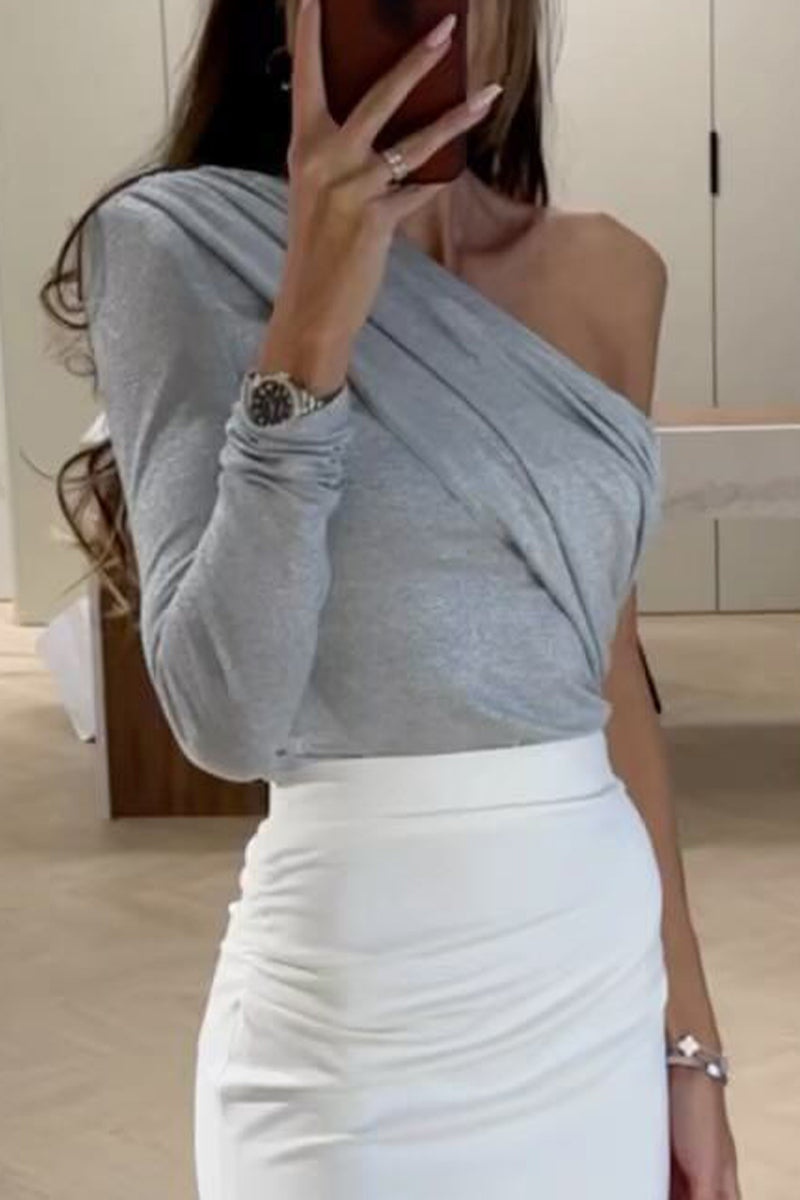 Levoire | Élégant Solide Tops À Col Croisé Pliant Gris