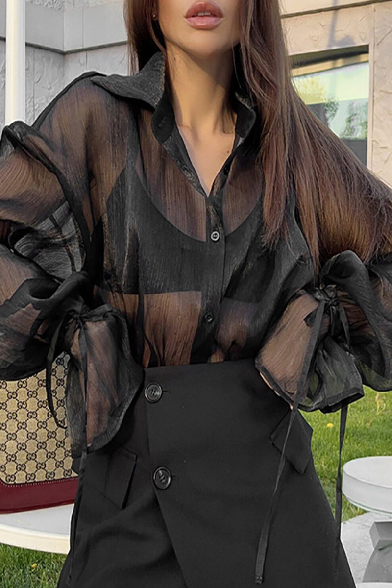 Levoire | Sexy Solide Transparente Mesh Col Revers Blouses