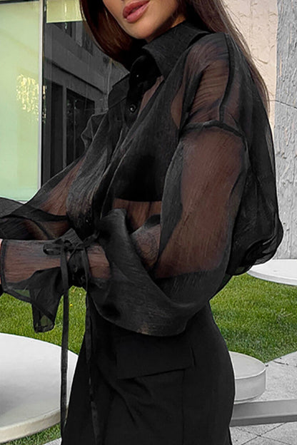 Levoire | Sexy Solide Transparente Mesh Col Revers Blouses