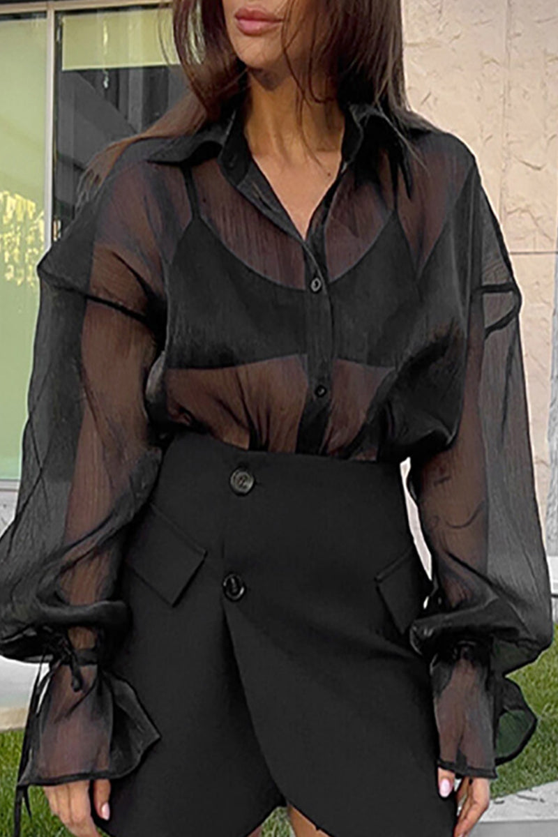 Levoire | Sexy Solide Transparente Mesh Col Revers Blouses Noir