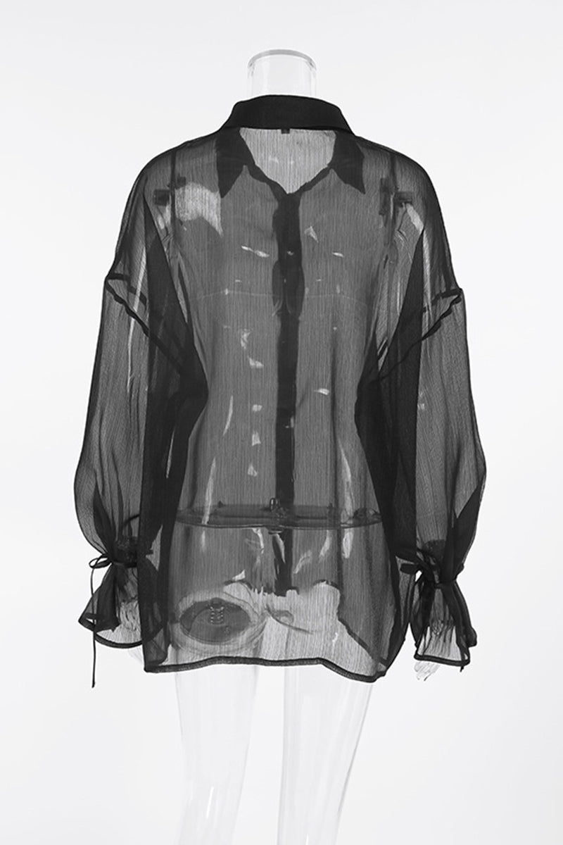 Levoire | Sexy Solide Transparente Mesh Col Revers Blouses