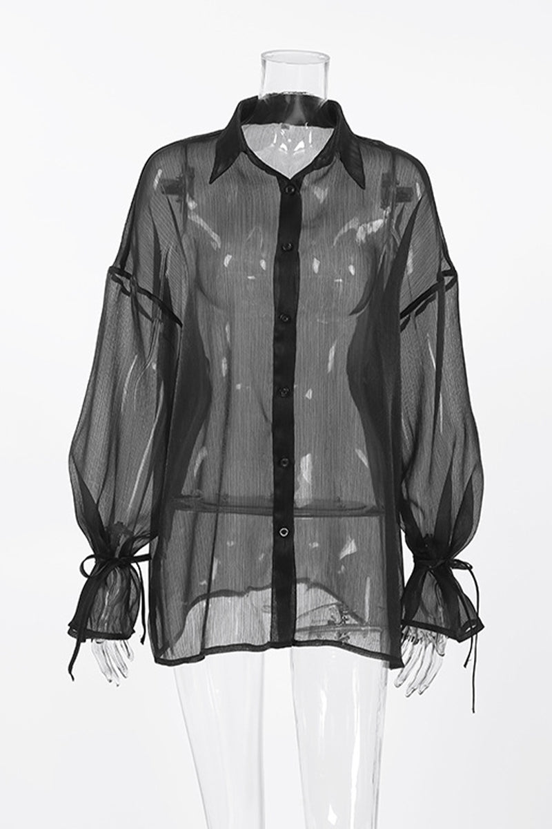 Levoire | Sexy Solide Transparente Mesh Col Revers Blouses