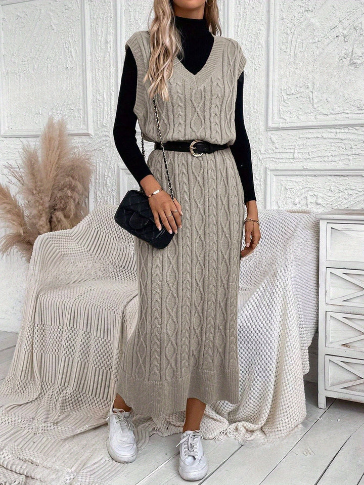 Levoire | Robe Maxi Sans Manches Rayée Avec Motif En Câble Et En Col V Couleur kaki
