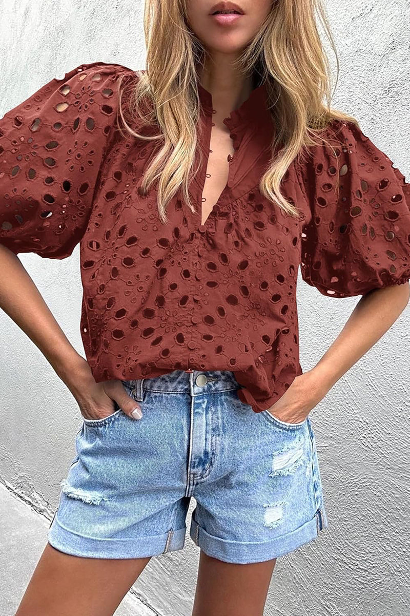 Levoire | Chemise Décontractée Unie À Col Mandarin Avec Découpes Et Boucles Rouge foncé