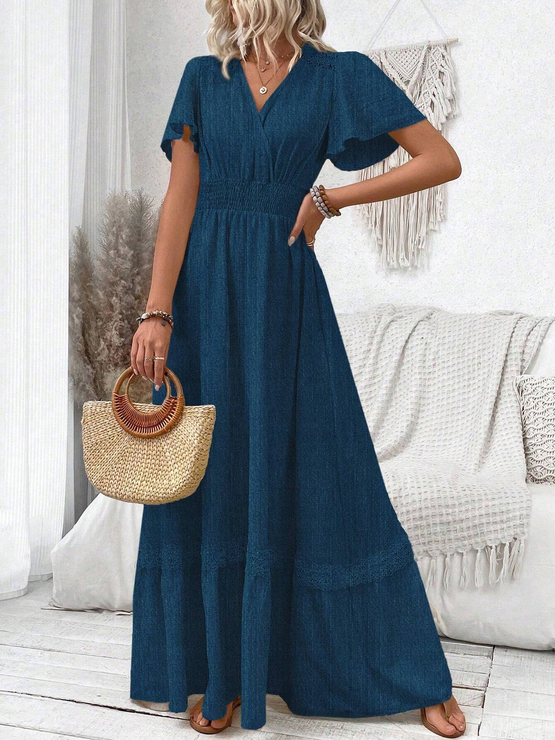 Levoire | Boho V-Décolleté Maxi Robe À Manches Courtes Pour Femmes Lavage foncé