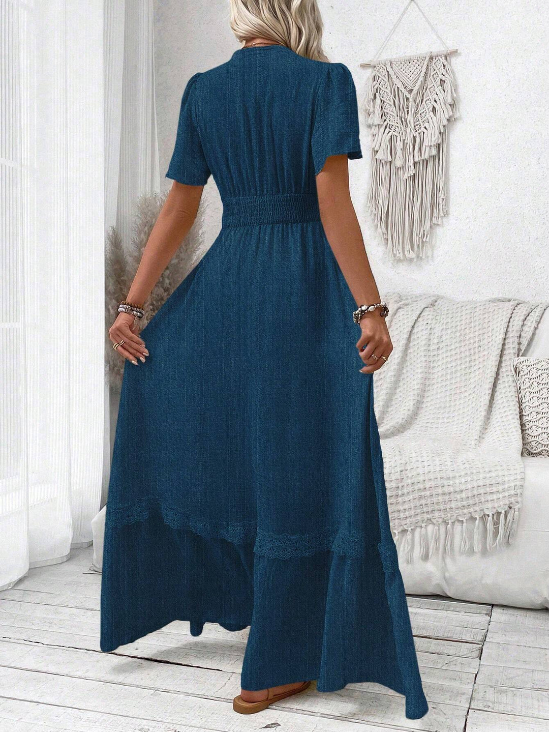 Levoire | Boho V-Décolleté Maxi Robe À Manches Courtes Pour Femmes