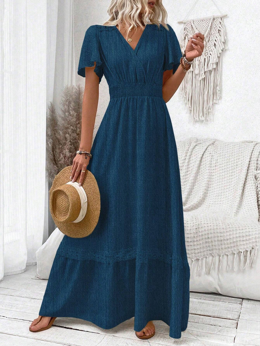 Levoire | Boho V-Décolleté Maxi Robe À Manches Courtes Pour Femmes