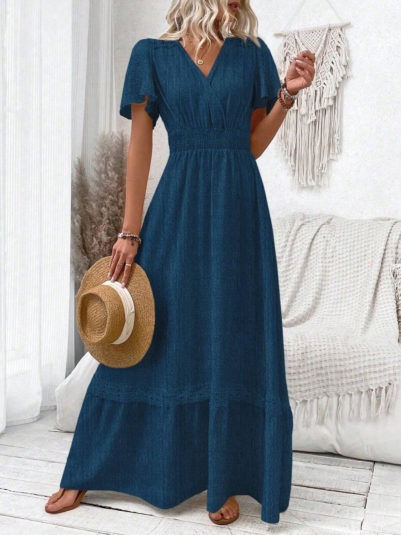 Levoire | Boho V-Décolleté Maxi Robe À Manches Courtes Pour Femmes