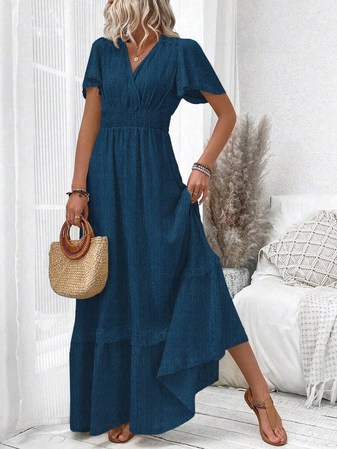 Levoire | Boho V-Décolleté Maxi Robe À Manches Courtes Pour Femmes