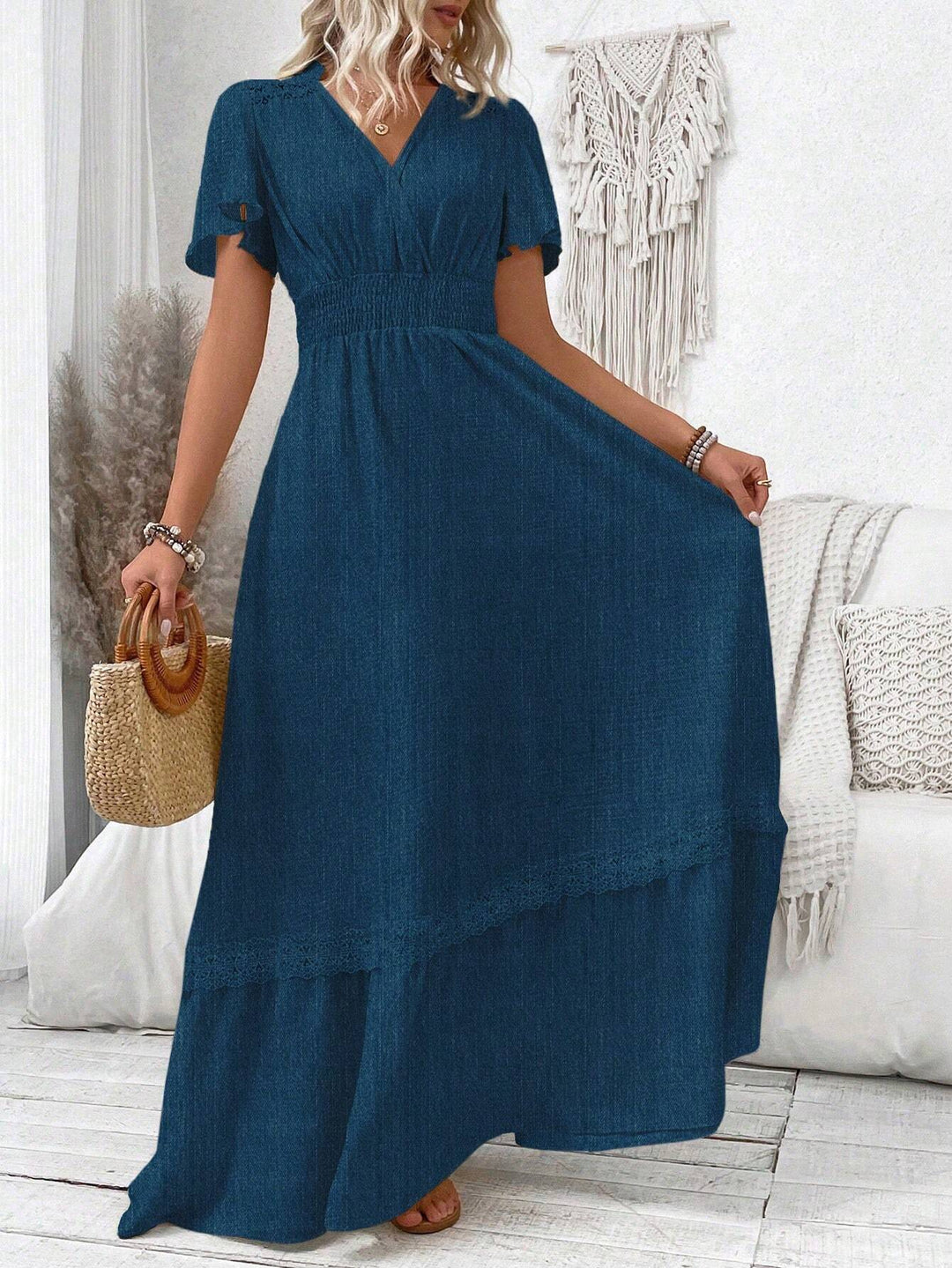 Levoire | Boho V-Décolleté Maxi Robe À Manches Courtes Pour Femmes