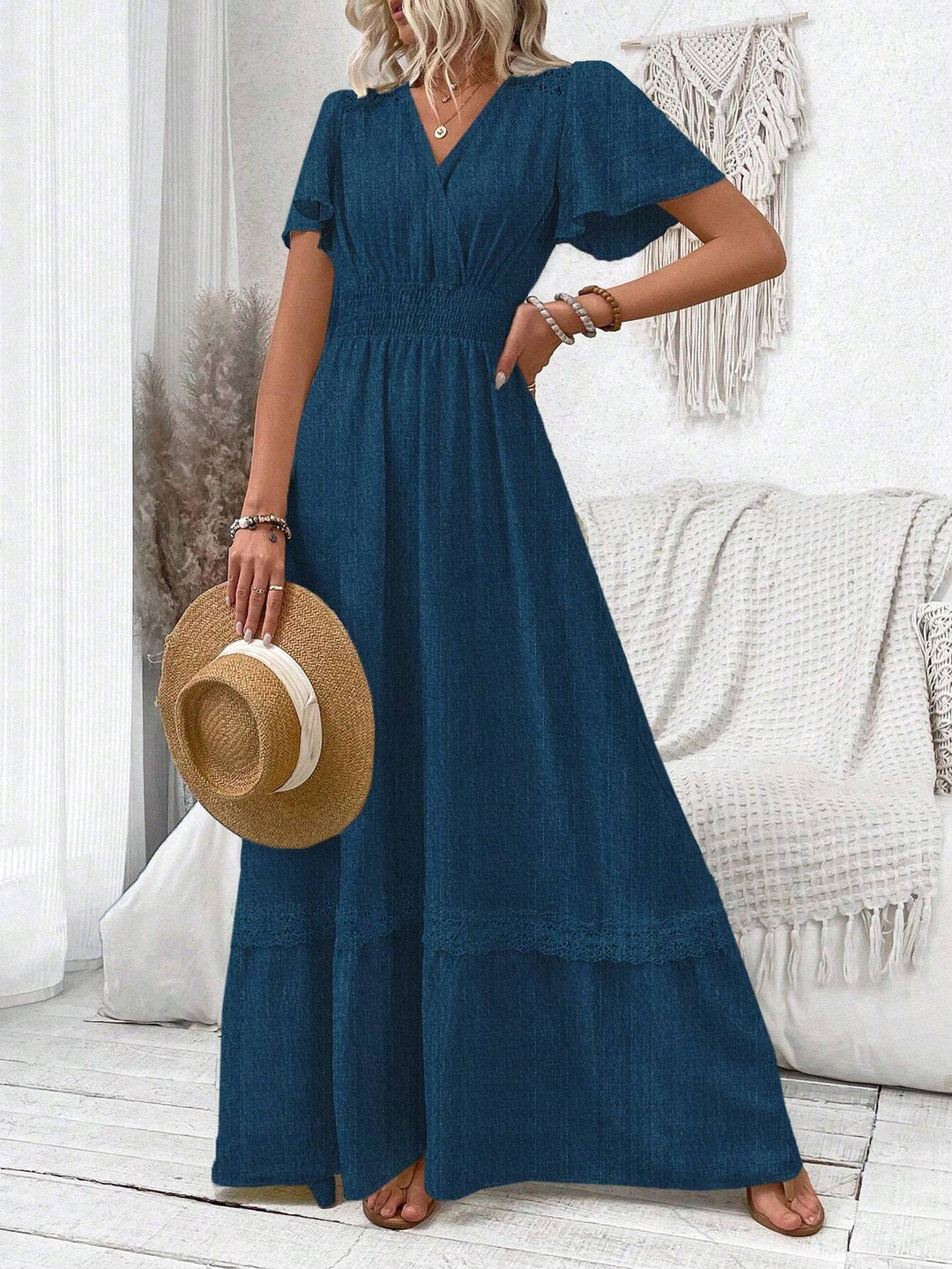 Levoire | Boho V-Décolleté Maxi Robe À Manches Courtes Pour Femmes