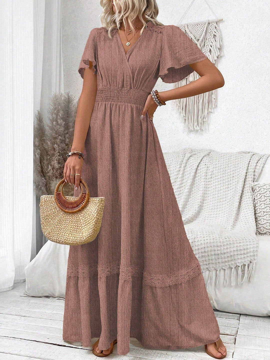 Levoire | Boho V-Décolleté Maxi Robe À Manches Courtes Pour Femmes Redwood