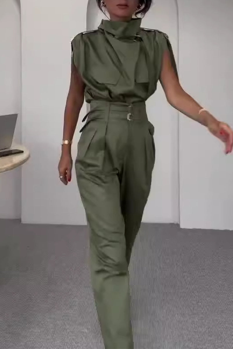 Levoire | Rue Élégante Solide Patchwork Col Roulé Jumpsuits Réguliers Vert armée