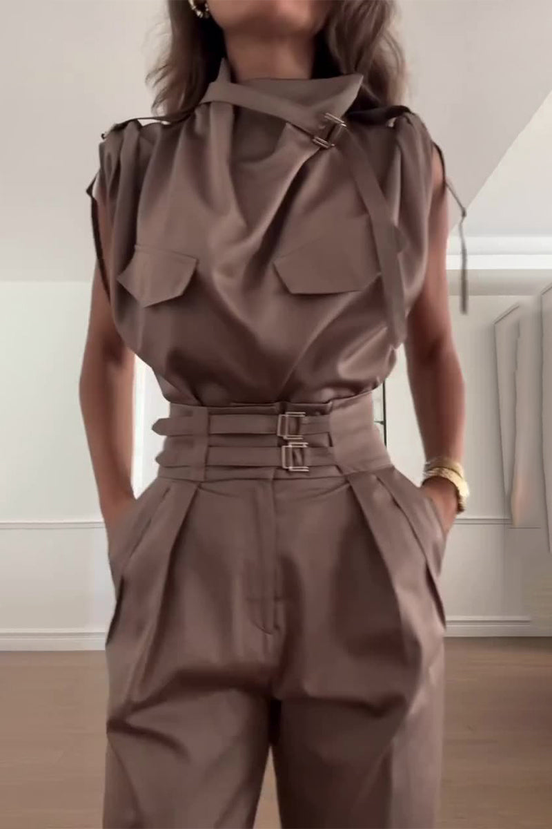 Levoire | Rue Élégante Solide Patchwork Col Roulé Jumpsuits Réguliers Café