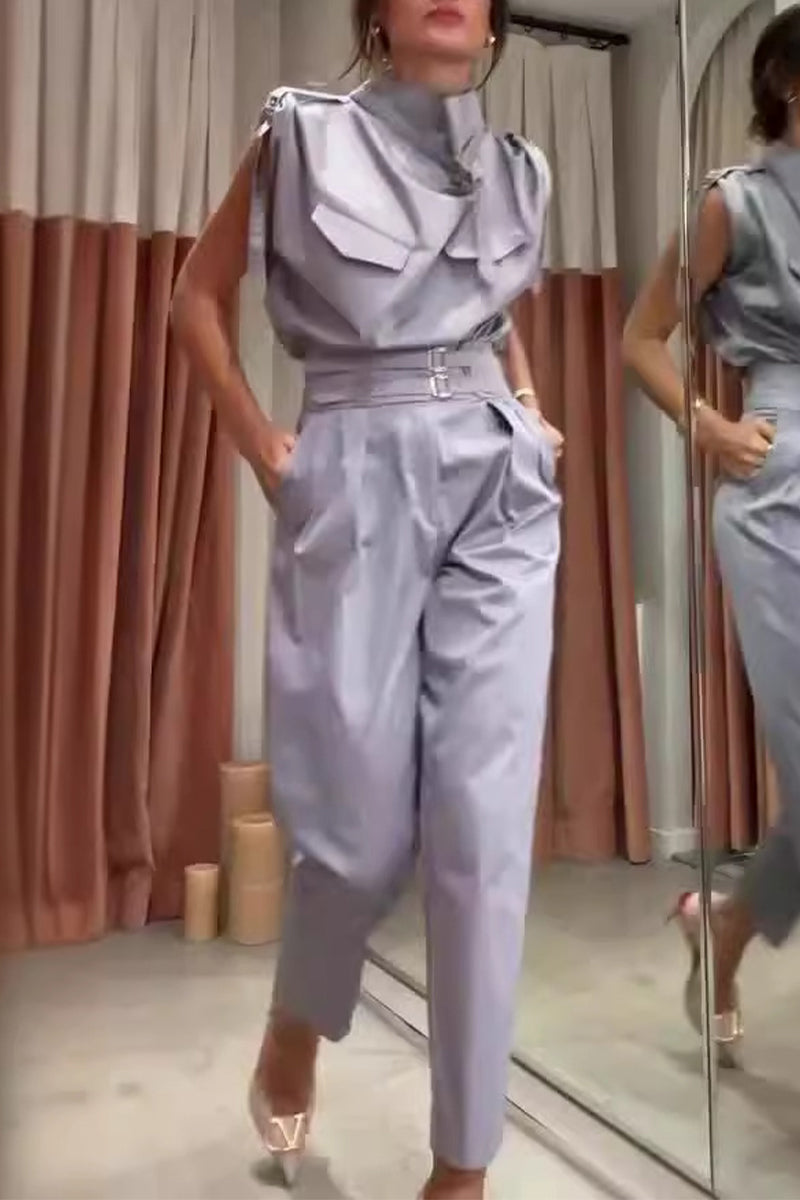 Levoire | Rue Élégante Solide Patchwork Col Roulé Jumpsuits Réguliers Lilas