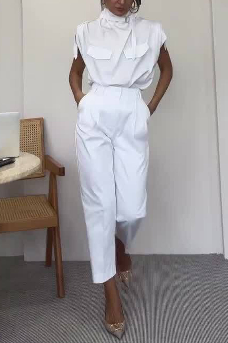 Levoire | Rue Élégante Solide Patchwork Col Roulé Jumpsuits Réguliers Blanc